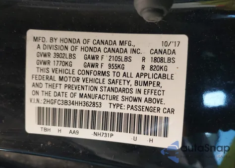 2017 Honda Civic Ex-T from USA, damaged, VIN 2HGFC3B34HH362853
